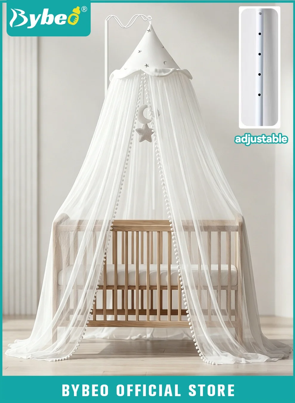 Bybeo Kids Bed Canopy Mosquito Net with Stand Adjustable Height Nursery Crib Curtain for Girls Bedroom (Pink, 250 cm) c9des
