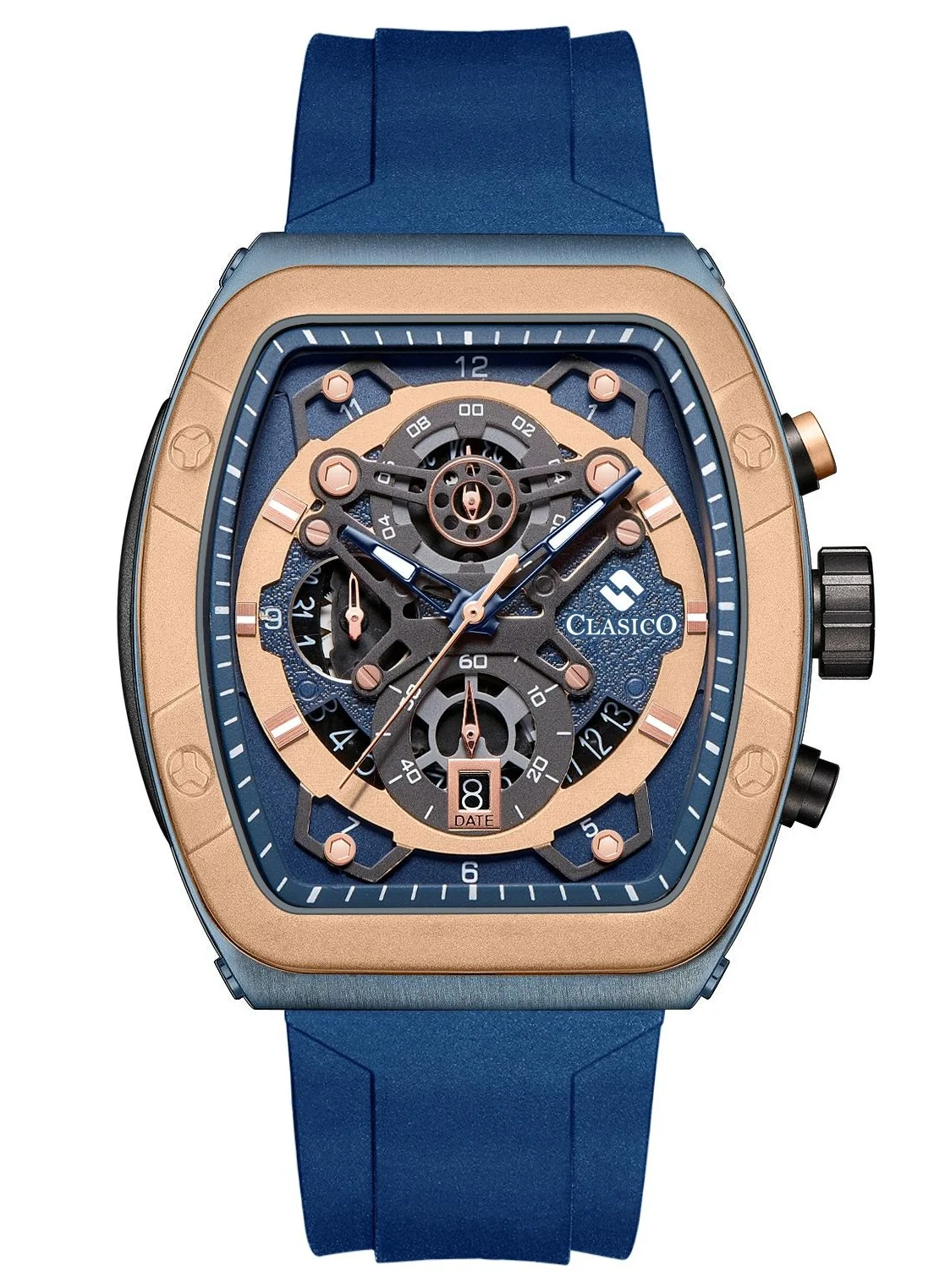 Clasico Opulent 6-Hands Chronograph Watch Tonneau Skeleton Cobalt Blue & Gold Edition with Premium Silicone Strap (42mm) cdt8q