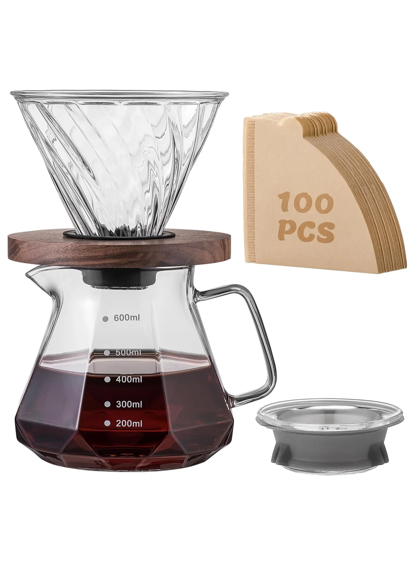 Folanry Pour Over Coffee Maker Set with Walnut Handle and Glass Lid (Clear, 600 mL) aon11