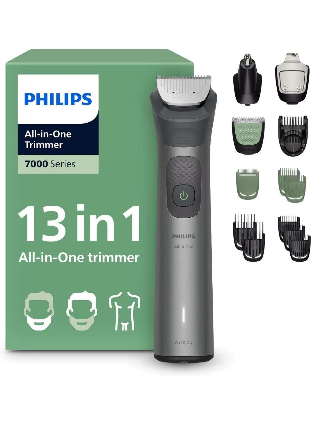 Professional All-in-One 13-in-1 Grooming Kit Precision Trimmer for Men (Silver, 13 Attachments) a7w14
