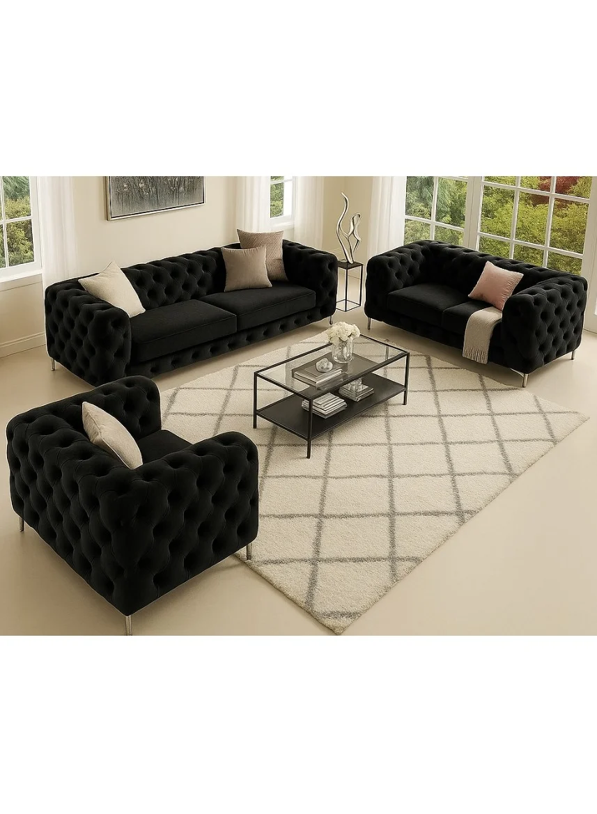 Maharat Al Bahar Luxury Chesterfield Sofa Set (3-Piece, Black Velvet, Tufted Living Room Furniture with Metal Legs) 2jngl