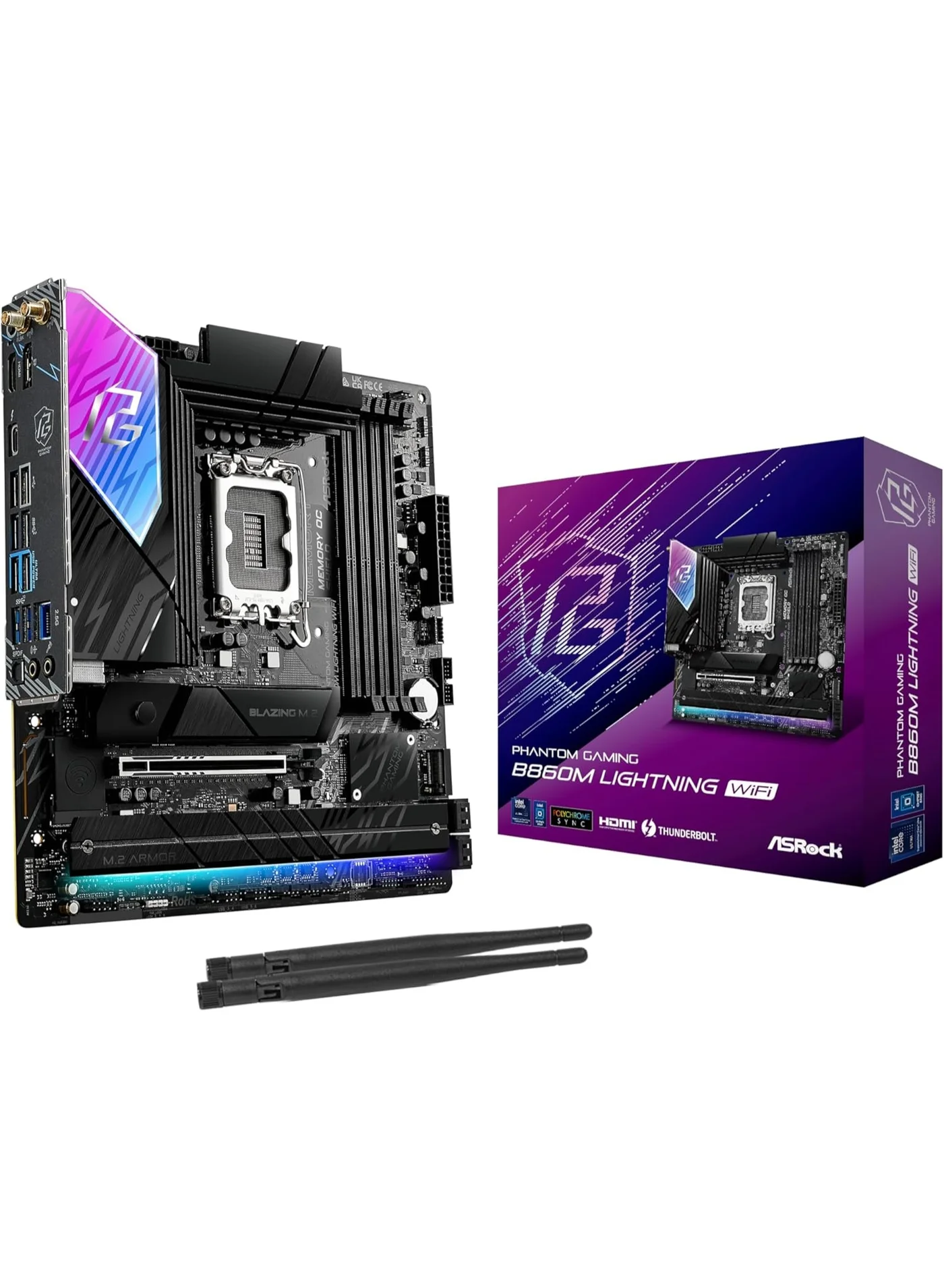 Phantom Gaming B860M Lightning WiFi 6E Motherboard (LGA1851, DDR5 8933 MHz, PCIe 5.0, Micro ATX) for Intel Core Ultra Processors lhebe