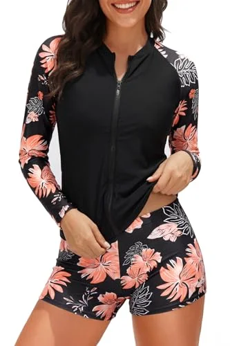 Holipick Floral Print Long Sleeve Rash Guard Swimsuit Set with Zipper (Black, S) 33jow