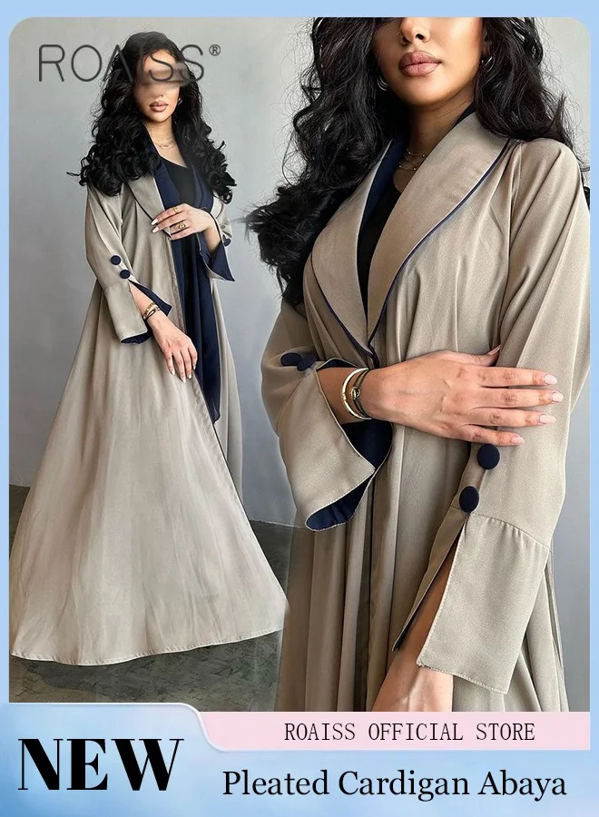 Roaiss Elegant Lapel Cardigan Abaya Long Sleeve Back Pleated Coat for Women (Beige, One Size) lqkzw