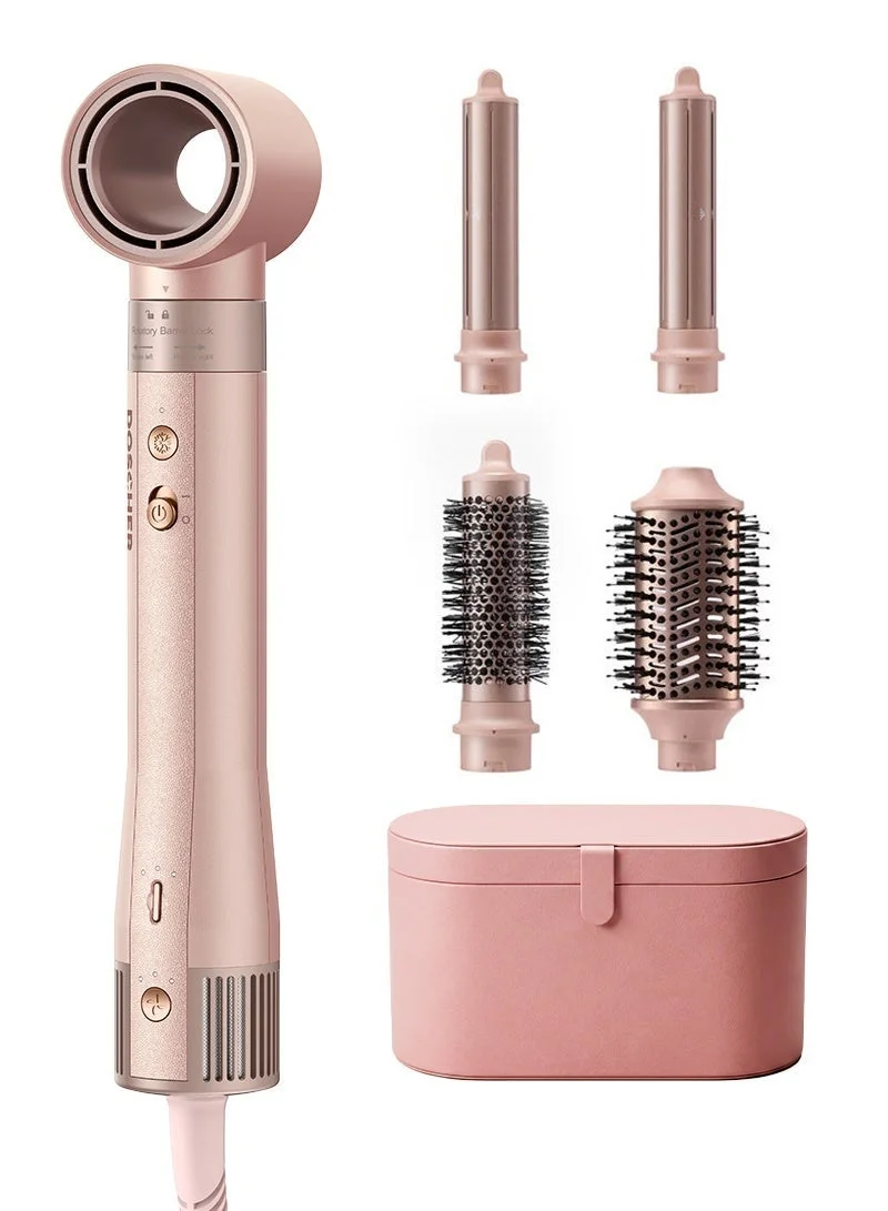 DOSCHER 5-in-1 Professional Hair Styler & Dryer Set with 3 Heat Settings and Curling Attachment (Pink, 1500W) hnzj8
