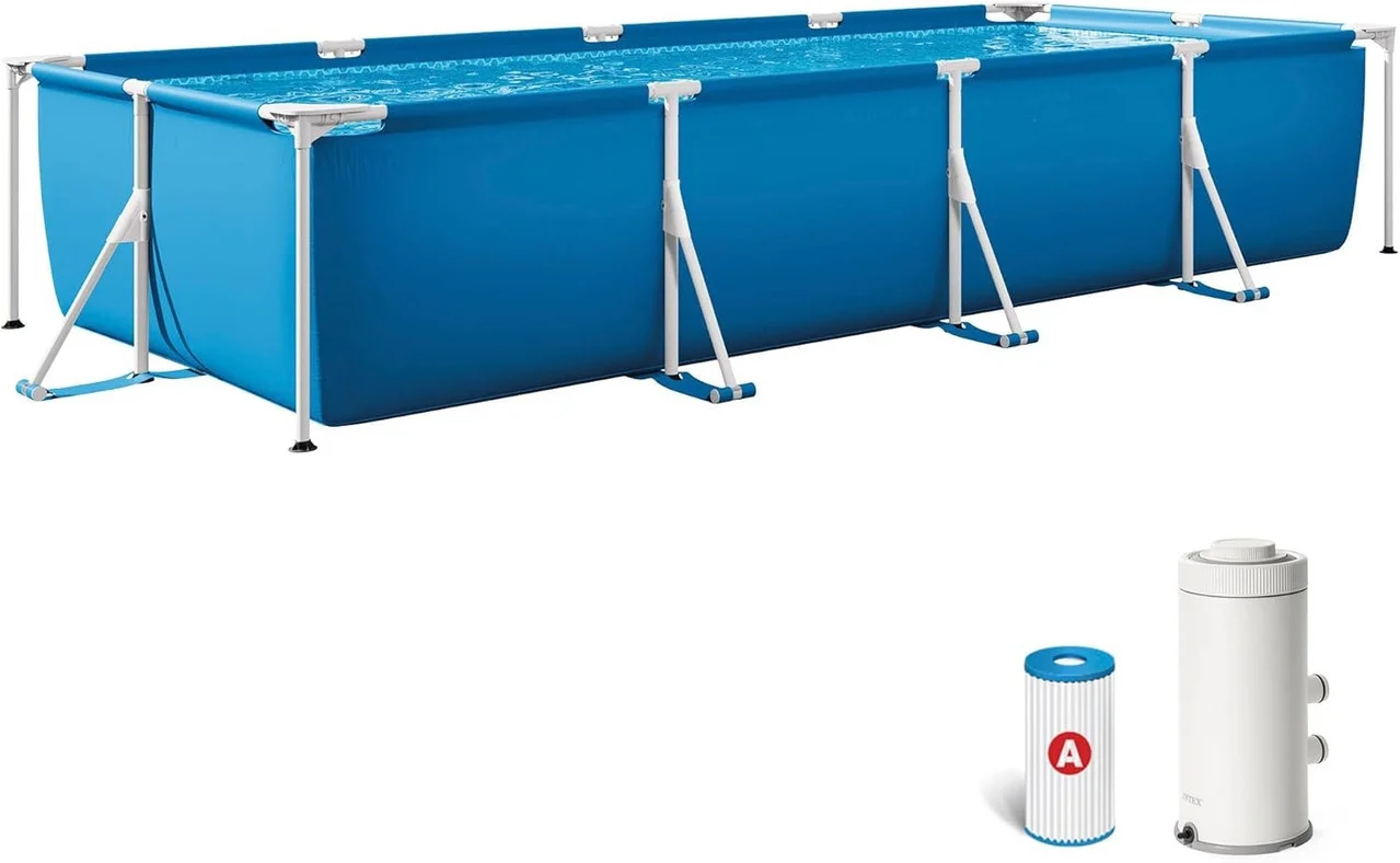 Rectangular Frame Swimming Pool with Filter Pump Heavy-Duty Steel Construction (Blue, 450x220x84cm) 91qid