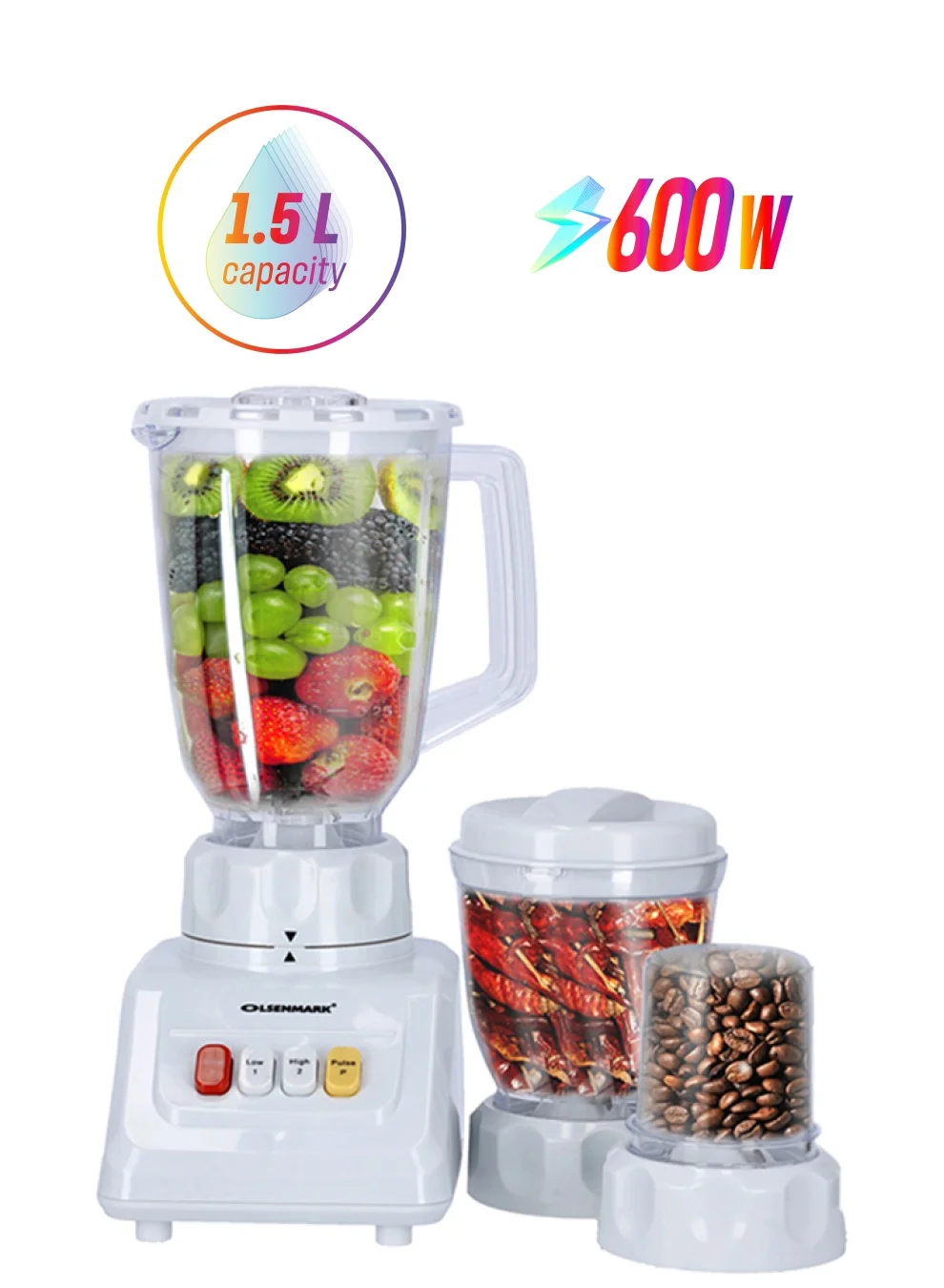 Olsenmark 3-in-1 Kitchen Blender Set with Stainless Steel Blades and 1.5L Capacity (White, 600W) l1p7f