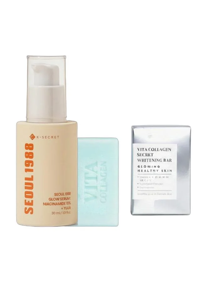 K-SECRET Glow Serum and Vita Collagen Cleansing Bar Set (30 mL Serum, 100 g Soap) for Even Skin Tone 7sd1a