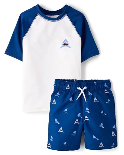 The Childrens Place Boys Rashguard and Swim Trunk 2-Piece Set Tidal Sharks (Kids, X-Small) 4o86z