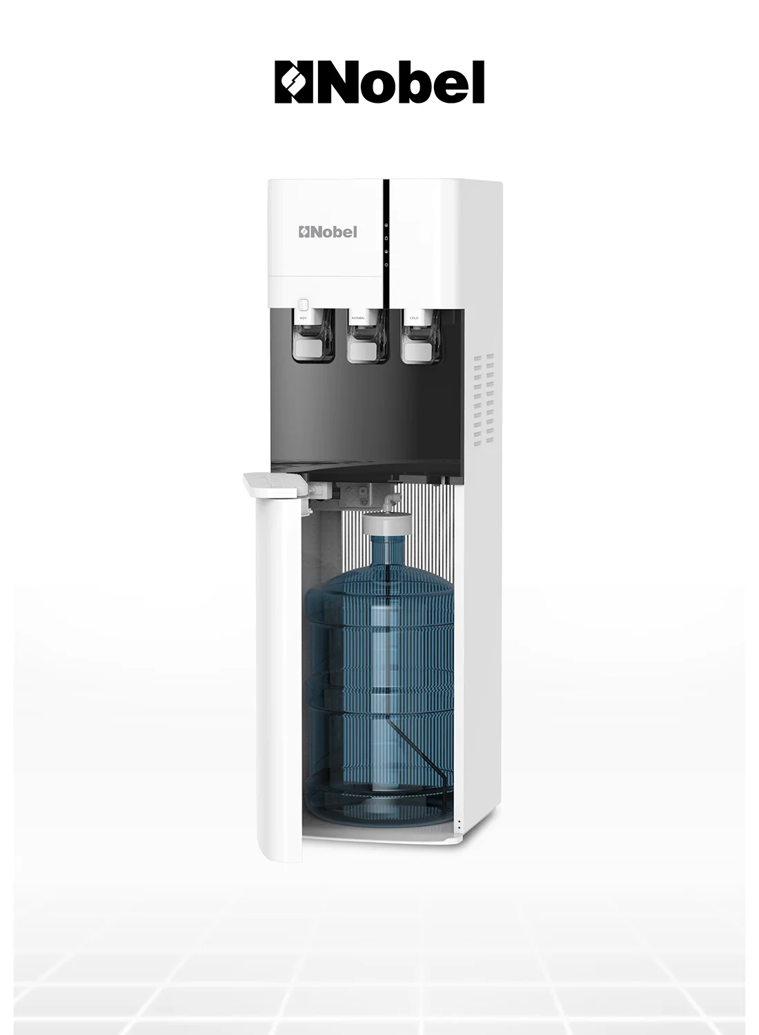 Nobel Water Dispenser with 3 Taps (Hot, Normal, Cold) Bottom Loading Design with Child Safety Lock (White) 9rn6q