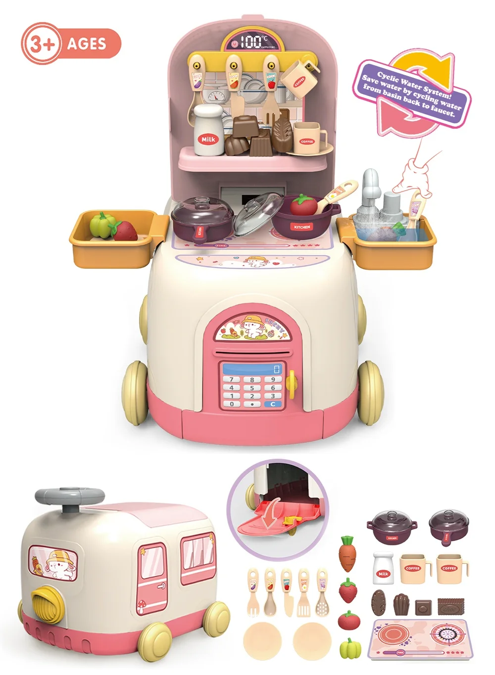 OASIAURA Pretend Kitchen Toy Set 2-in-1 Deformable Cooking Car Playset (Pink, 36 Pieces) wynae