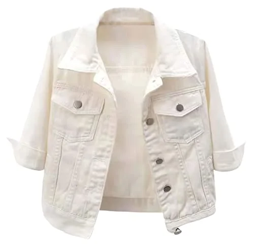 Premium Women Casual 3/4 Sleeve Cropped Denim Jacket Button Down Motorcycle Style (White, XSmall) uc70k