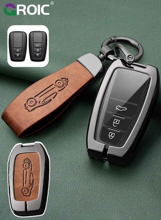 GROIC Car Key Fob Cover with Genuine Leather Keychain and Zinc Alloy Shell (Full Protection, Premium Accessory for Smart Remote) tyn85