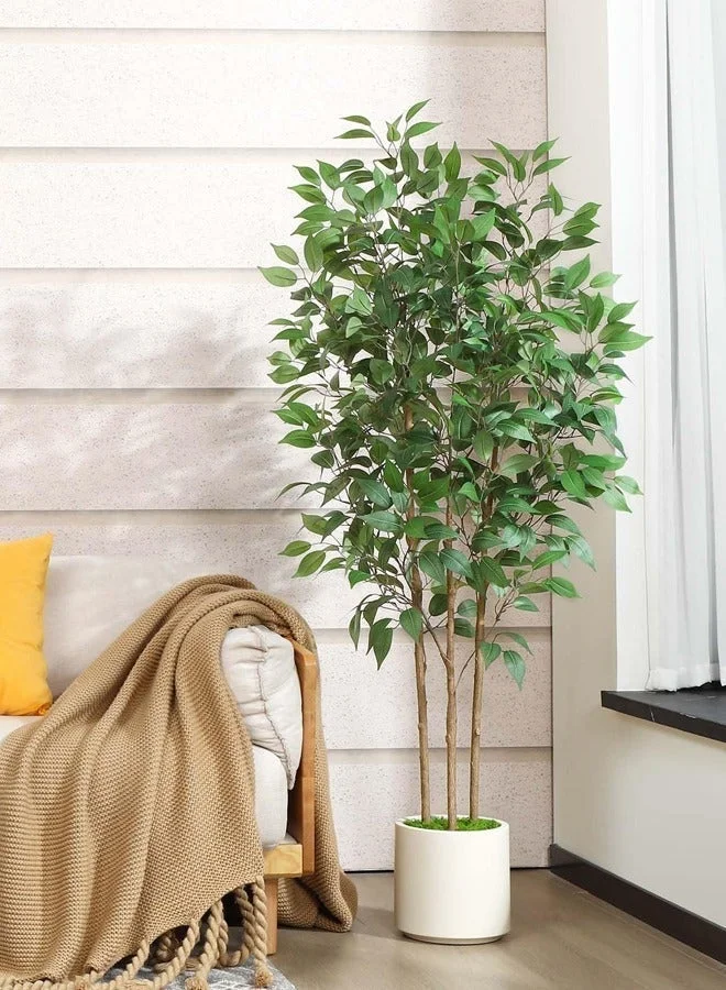 Zvezvia Ficus Artificial Tree Premium Faux Silk Multi-Stem Plant with White Pot and Moss for Indoor Home Office Decor (180 cm) mh4uk
