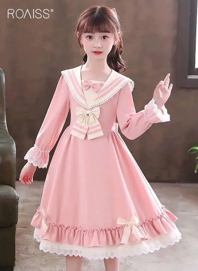 Roaiss Girls Ruffle A-line Dress with Sailor Collar and Bowknot Detail (Long Sleeve, Elegant Princess Style for Daily Wear) cbg5o