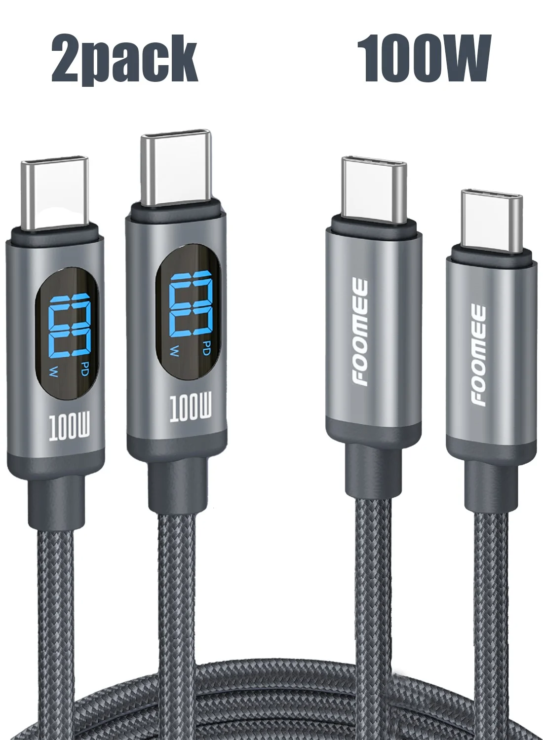FOOMEE 100W USB-C to USB-C Fast Charging Cable with LED Display Nylon Braided Cord for Laptops and Smartphones (2 Pack, 120 cm) f90u9