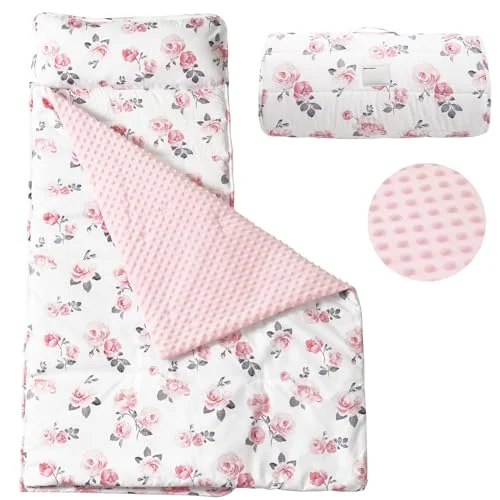 Premium Toddler Nap Mat with Removable Pillow and Minky Blanket Rollup Design for Preschool and Travel (Floral, 127 cm x 51 cm) 1i8ie