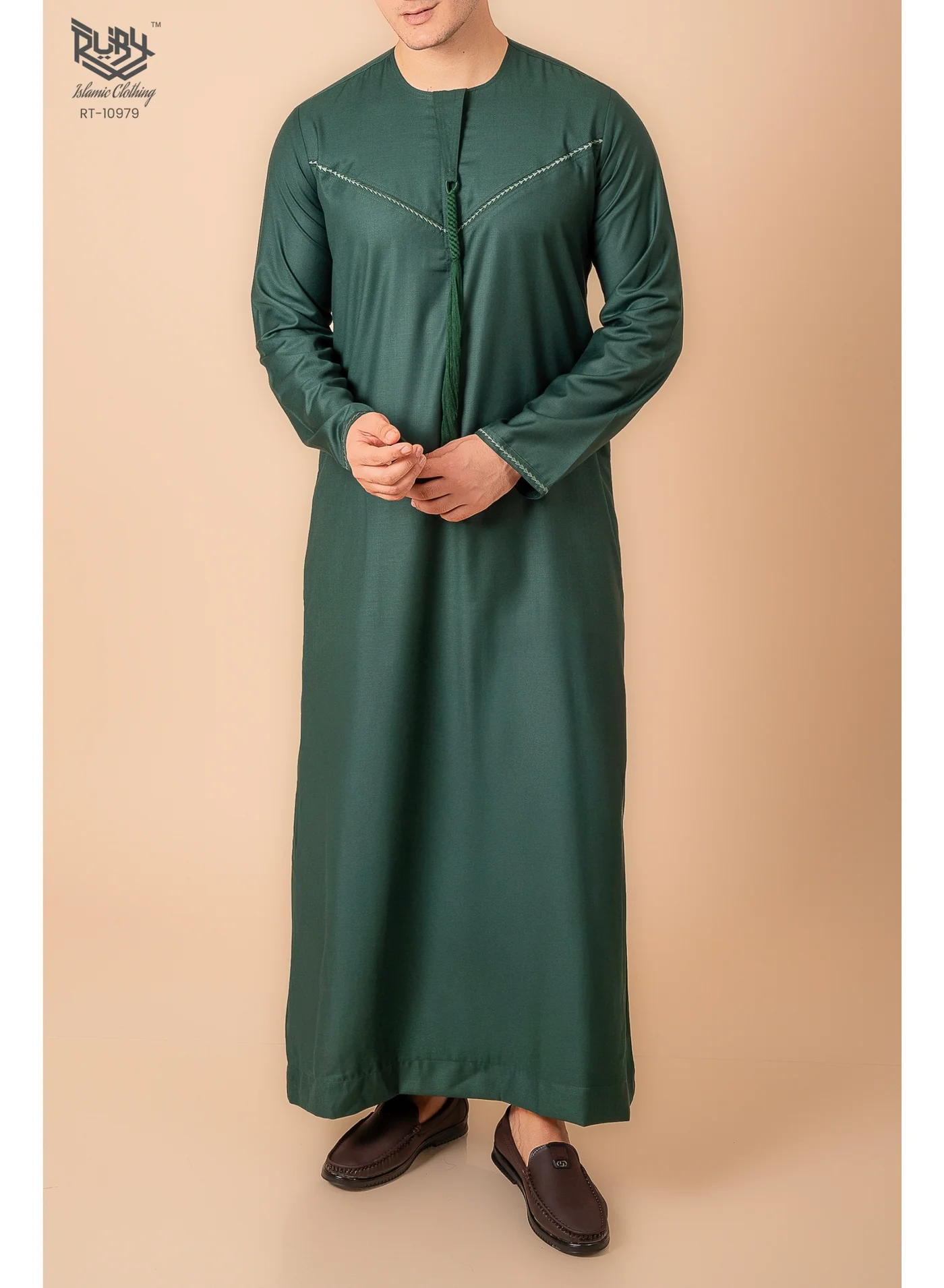 RUBY ISLAMIC CLOTHING Emirati Kandura Thobe for Men Round Neck Jubba with Embroidery and Tassel (Green, Slim Fit) 8aawz