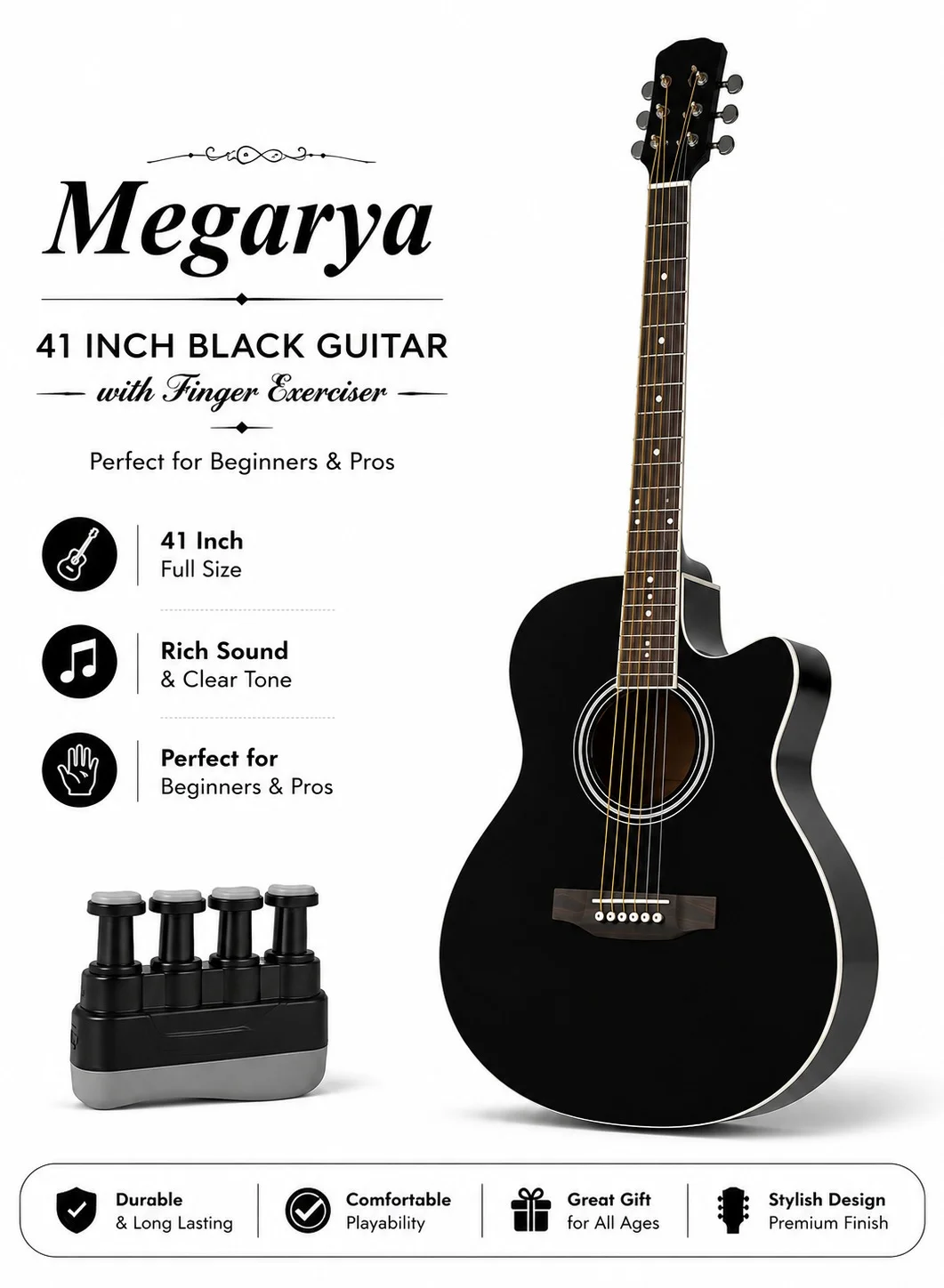Megarya 41-inch Acoustic Guitar Starter Set with Finger Exerciser (Black, 104 cm) 6yxg1