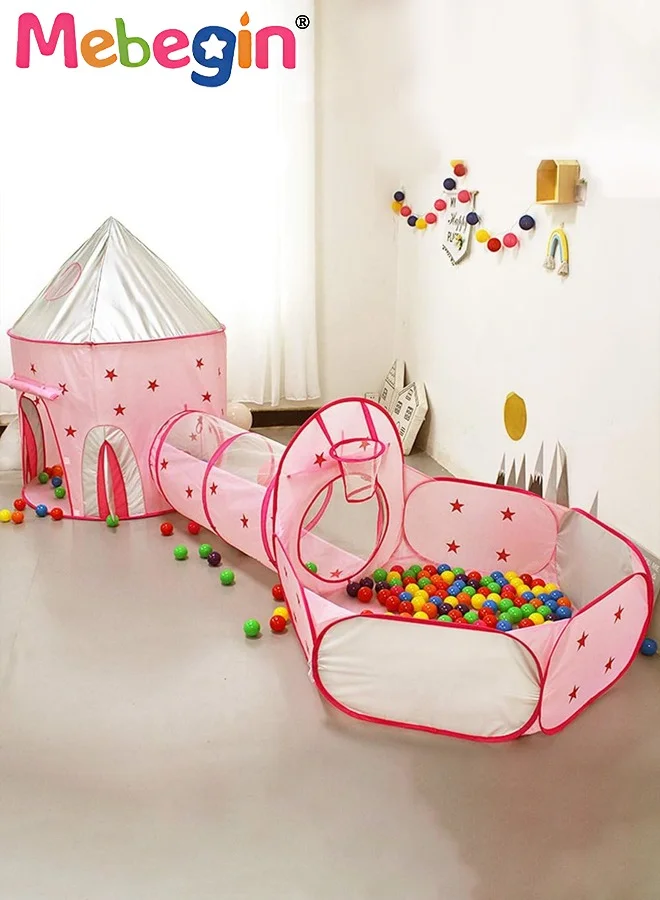 MEBEGIN 3pc Kids Play Tent with Ball Pit Basketball Hoop and Crawl Tunnel (Pink, 3-Piece Set) 1lsq7