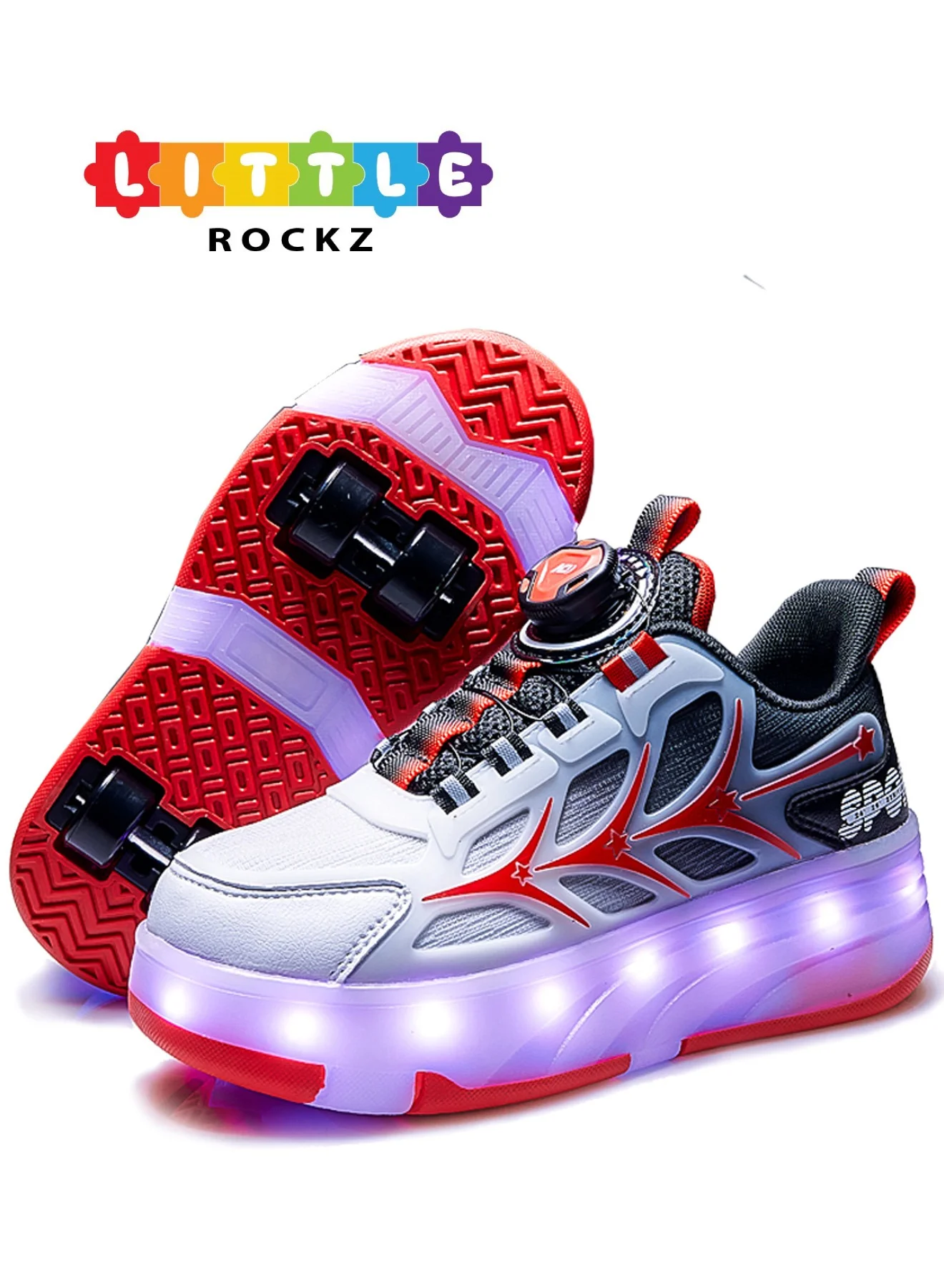 LITTLE ROCKZ Kids Four Wheel Roller Shoes with Rechargeable LED Flash Lights (Red, 30 cm) yn81t