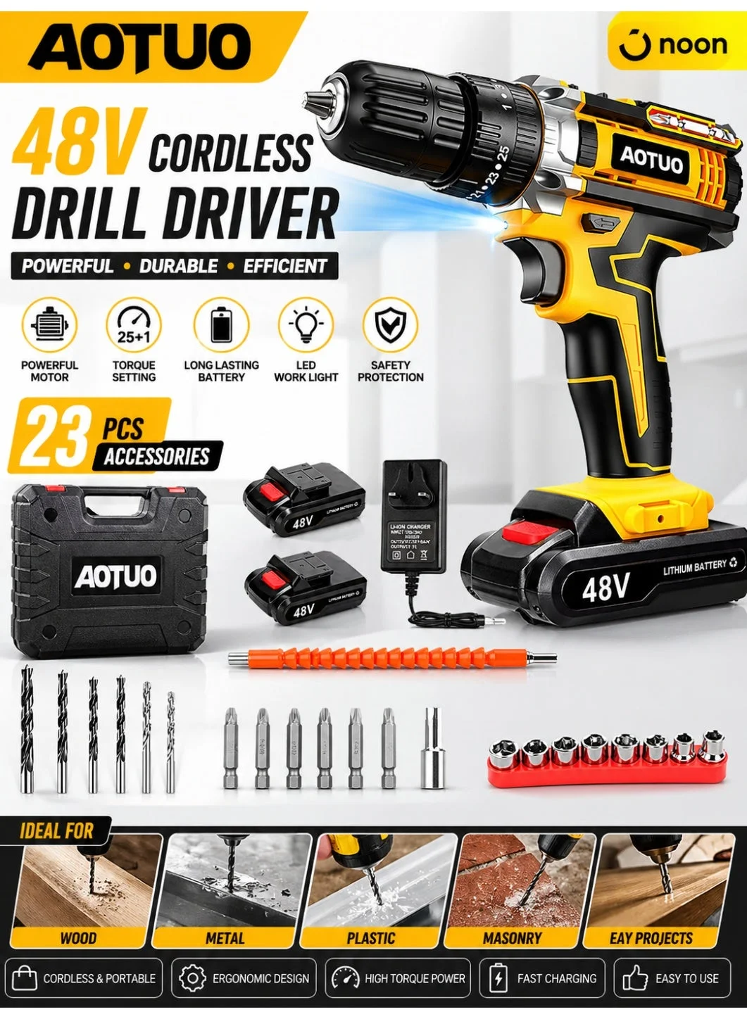 AOTUO 48V Cordless Power Drill Set with Dual Batteries and 56-Piece Accessory Kit (10mm Chuck) n55wt