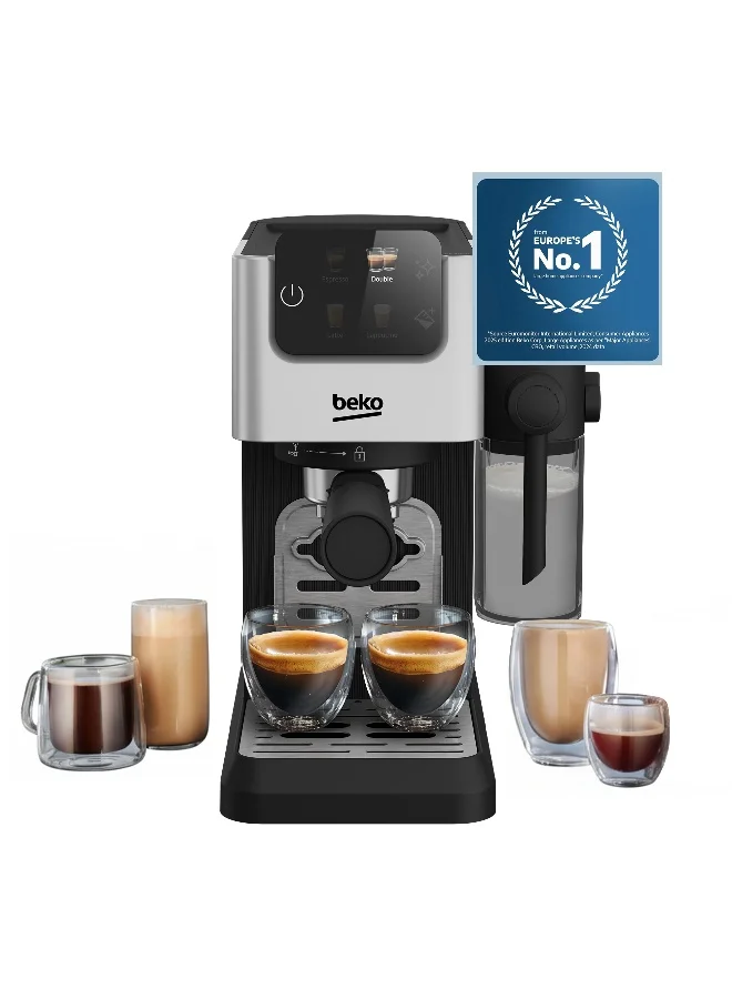 Beko Digital Espresso Machine 15 Bar Pressure with LCD Screen and Milk Frother (Stainless Steel, 1.1 L) pqkng