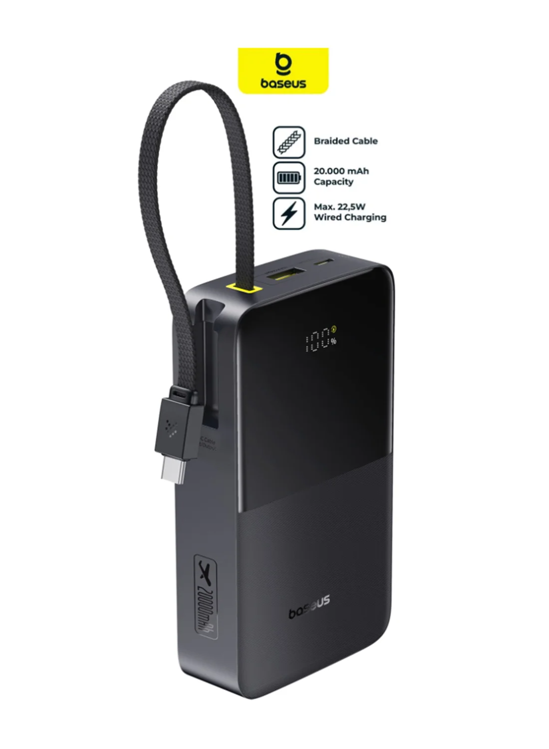 Premium 20000mAh Portable Power Bank 22.5W Fast Charging with Built-in Type-C Cable and LED Display (Cosmic Black) gnx76