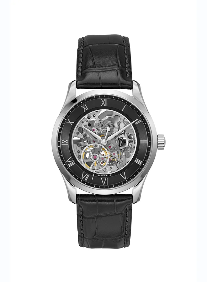 Premium Skeleton Automatic Watch for Men with Black Dial and Genuine Leather Strap (42mm) ggavw