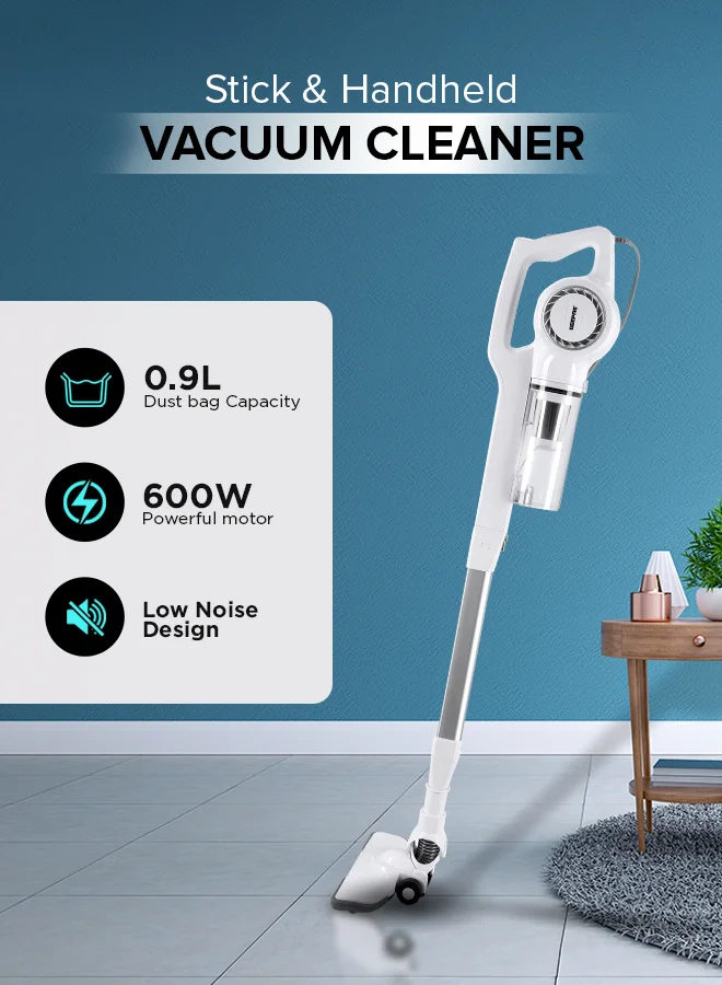 GEEPAS 2-in-1 Stick and Handheld Vacuum Cleaner, Powerful 600W Motor, HEPA Filtration, Lightweight Design (White, 0.9 L) 1udou