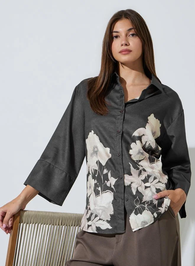 Styli Charcoal Floral Print 3/4 Sleeve Shirt Premium Casual Top for Women (Charcoal, Medium) 3riog
