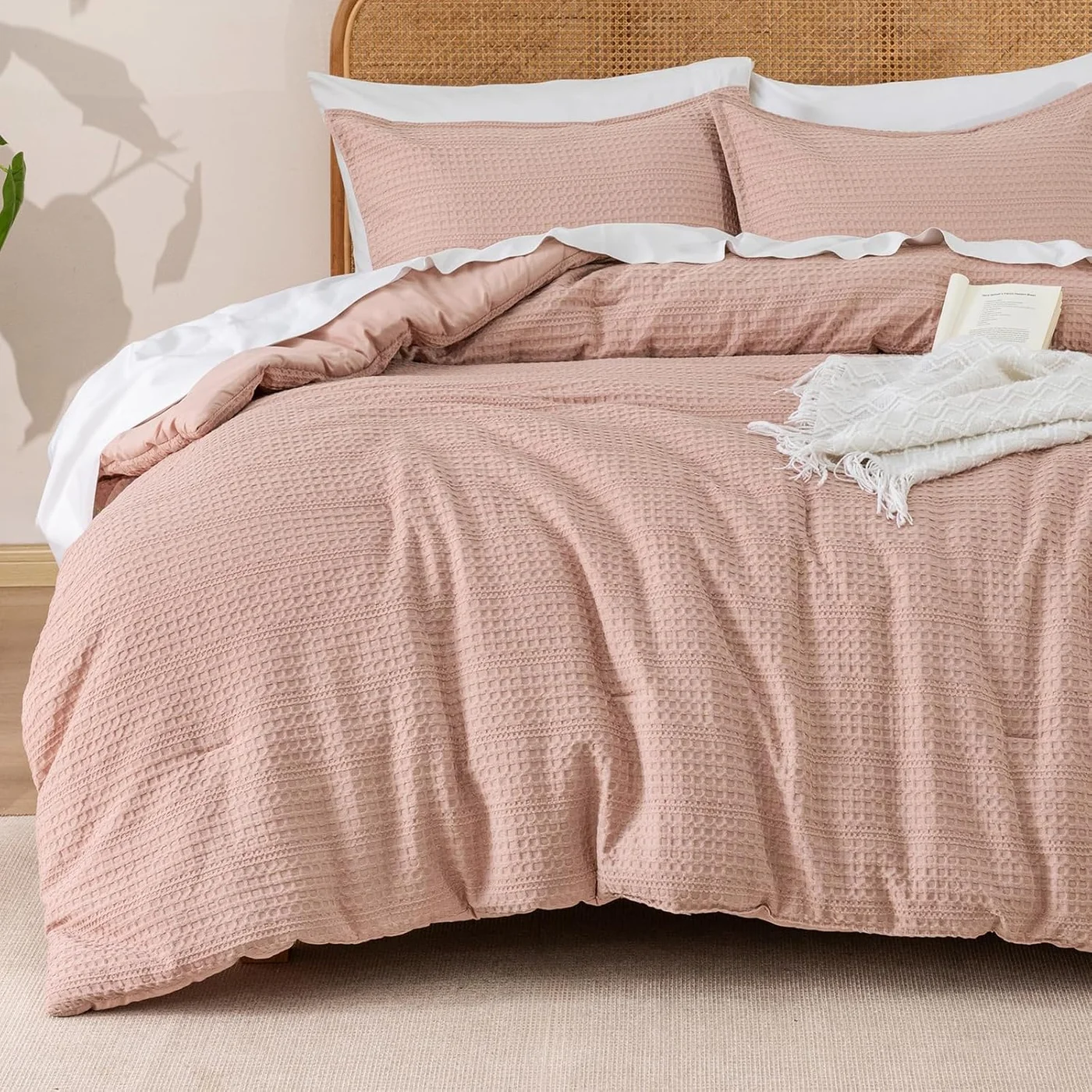 PHF Waffle Weave Comforter Set, Soft Breathable Textured Bedding (Rose Pink, Twin Size) ee9gt