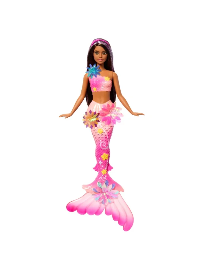 Fashion Doll Mermaid Toy with Magic Blooming Flower Accessory and Ombre Tail (Brown Hair with Purple Highlights, 30 cm) imypa