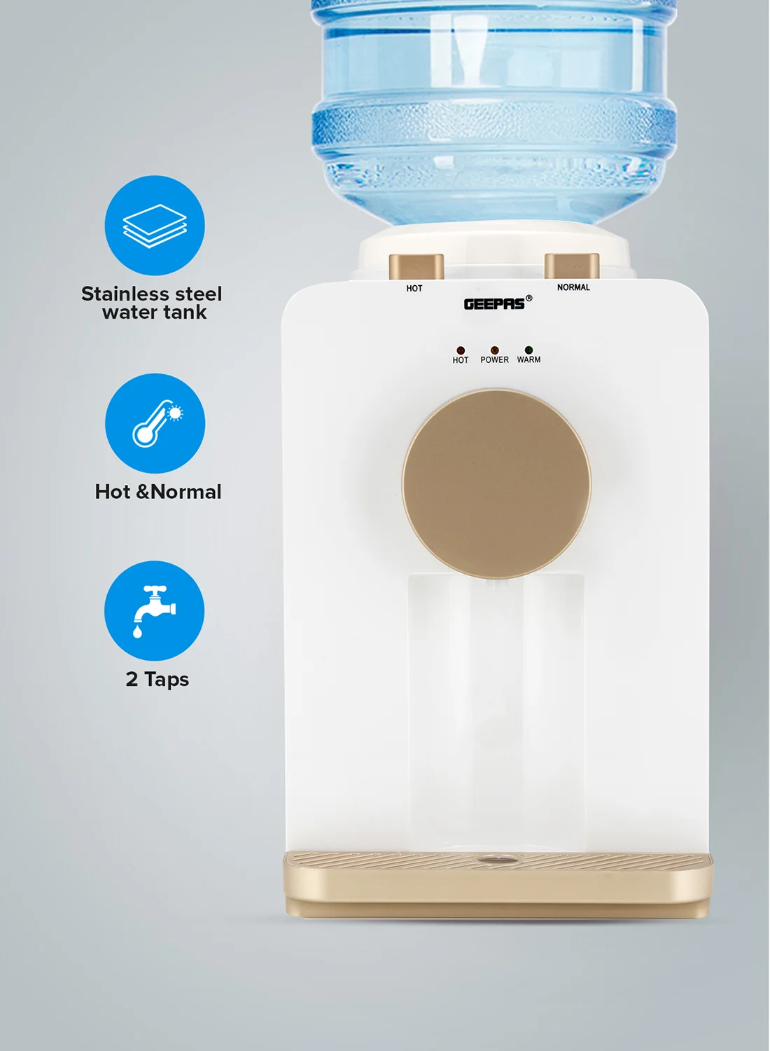 Geepas Hot and Normal Water Dispenser Top Loading Stainless Steel Tank (White, 2 Taps) ri2b1