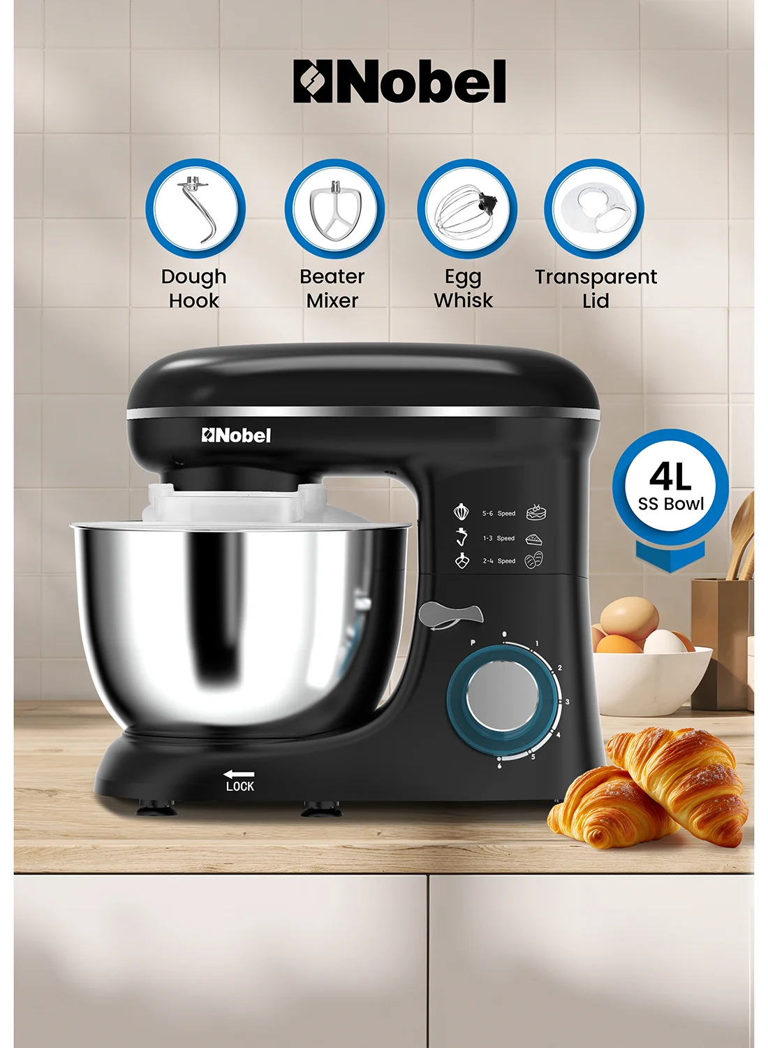 Nobel Stand Mixer with 4L Stainless Steel Bowl, 6-Speed Electric Kitchen Appliance, 800W Motor (Black, 4 L) 32p78