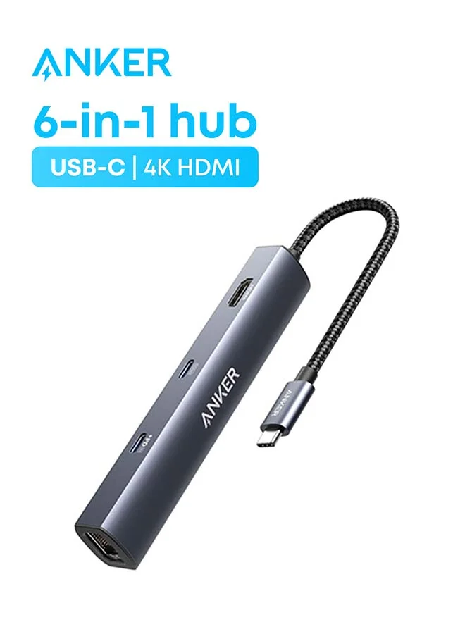High-Speed 6-in-1 USB-C Hub Adapter with 65W Power Delivery 4K HDMI and Ethernet Port (Grey) r4i9k
