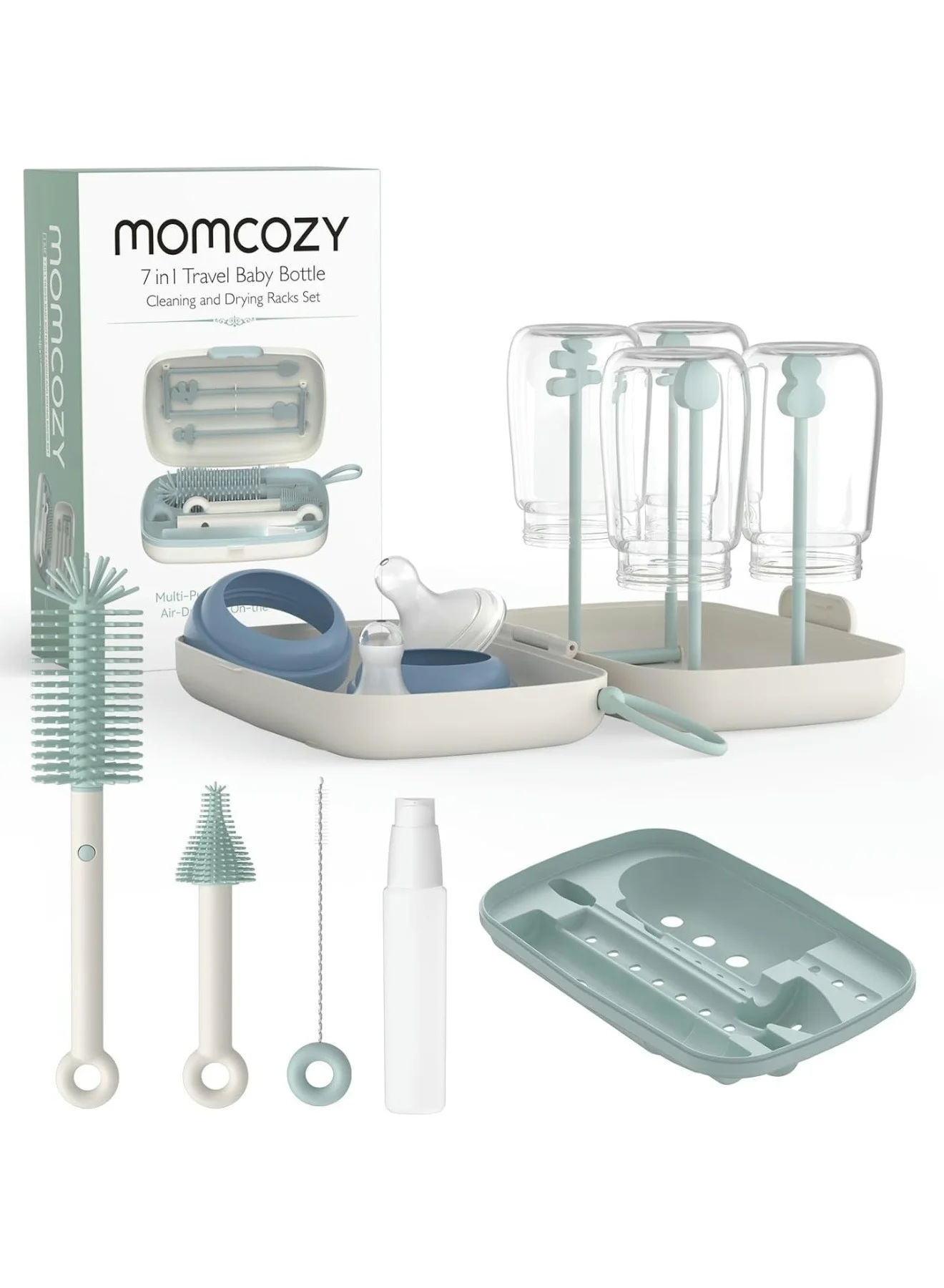 Premium Baby Feeding Accessory Cleaning Set (7-in-1, Silicone Brush Kit with Drying Rack) gr3yk