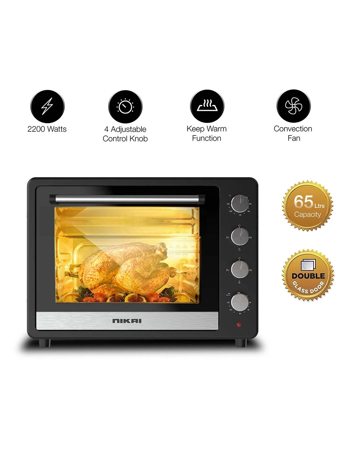 Nikai Electric Oven with Rotisserie and Convection, 2200W High-Efficiency Heating, Adjustable Temperature Control (Black, 65 L) um811