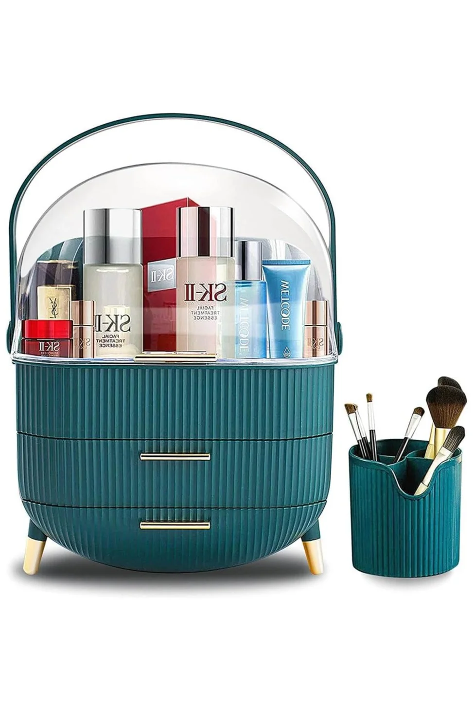 ORiTi Large Cosmetic Makeup Organizer with Dustproof Lid, Waterproof Storage Display Case for Bathroom Vanity and Bedroom Dresser (Green) 1pxlv