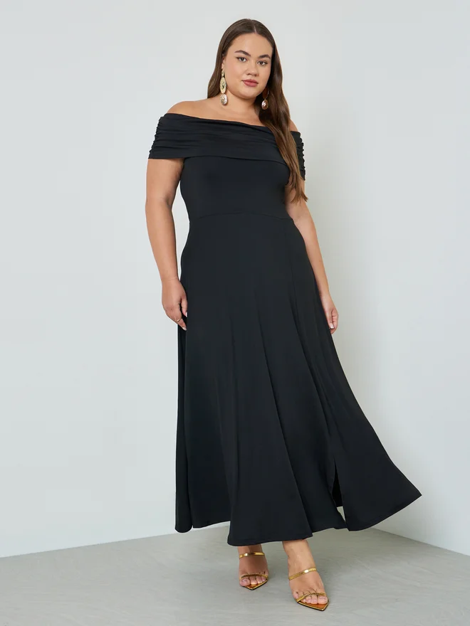Styli Plus Size Off Shoulder A-Line Maxi Dress Elegant Flowy Evening Gown for Women (XXL) 6ydw8