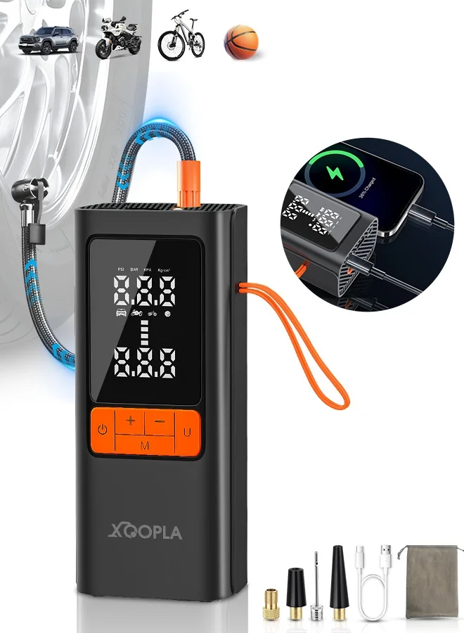 Xoopla Portable Cordless Digital Tire Inflator with Auto-Stop and LED Light (6000mAh Battery, 4 Nozzles) for Cars Motorcycles and Bicycles 4rq56