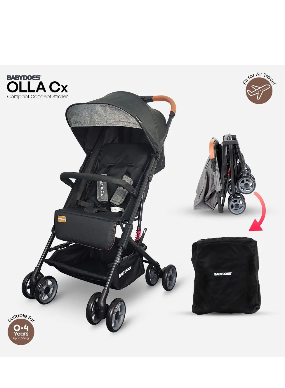 BABYDOES Olla Cx Compact Baby Stroller with 5-Point Harness and Shock Absorbing Wheels (Black, Up to 20 kg) 8ypqs