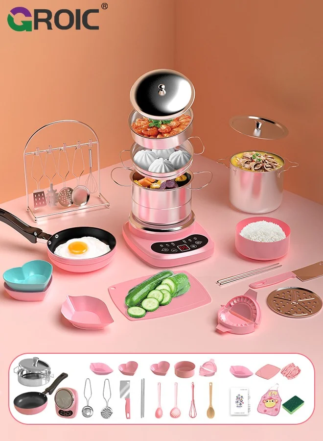GROIC Montessori Kids Cooking Set, Educational Kitchen Utensils and Apron for Real Food Preparation (Pink, 24-Piece Set) uqrl5