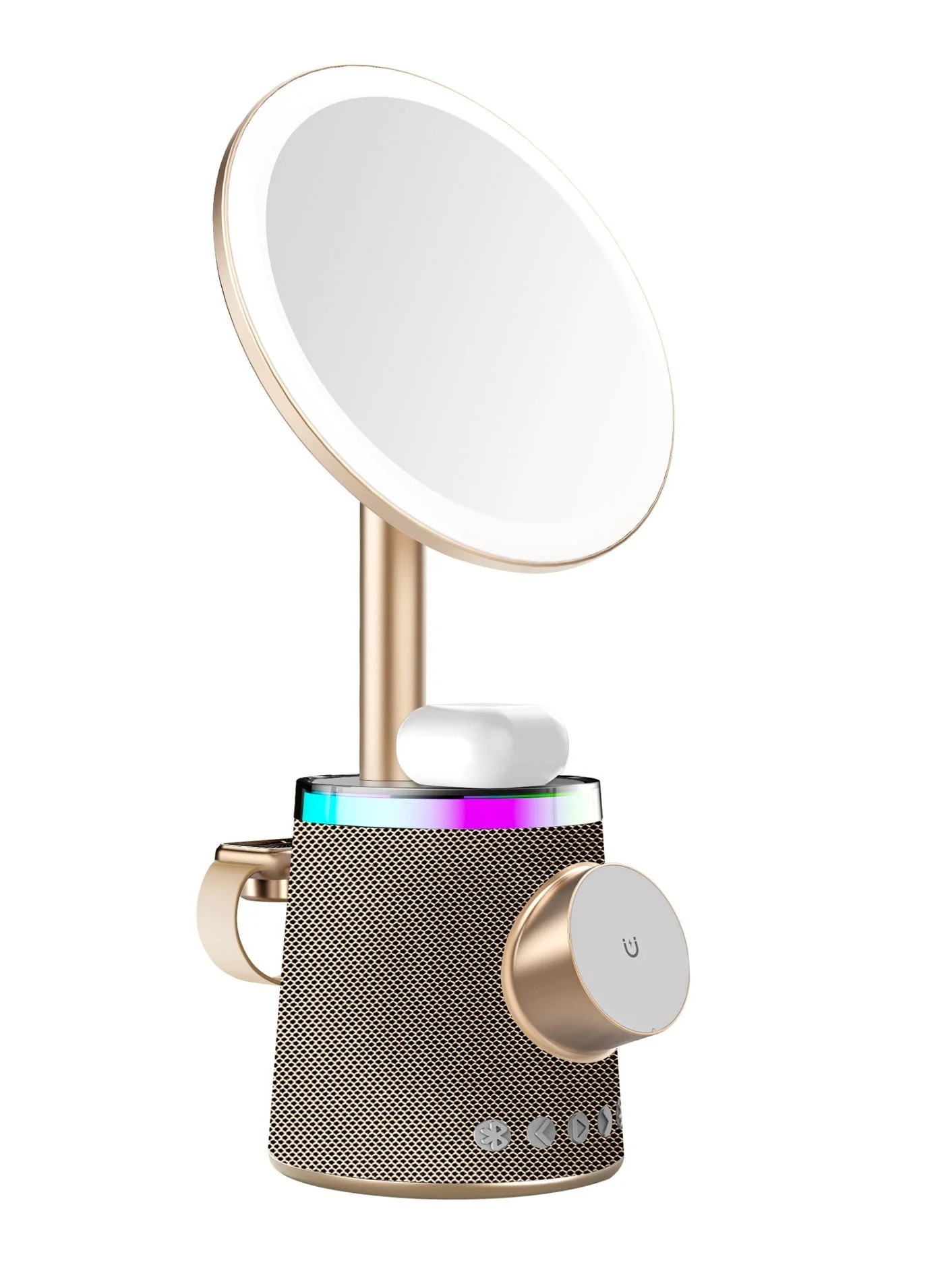 Porodo Makeup Mirror with Wireless Charger and Bluetooth Speaker (Gold, 3 Color Tones) 6c2um