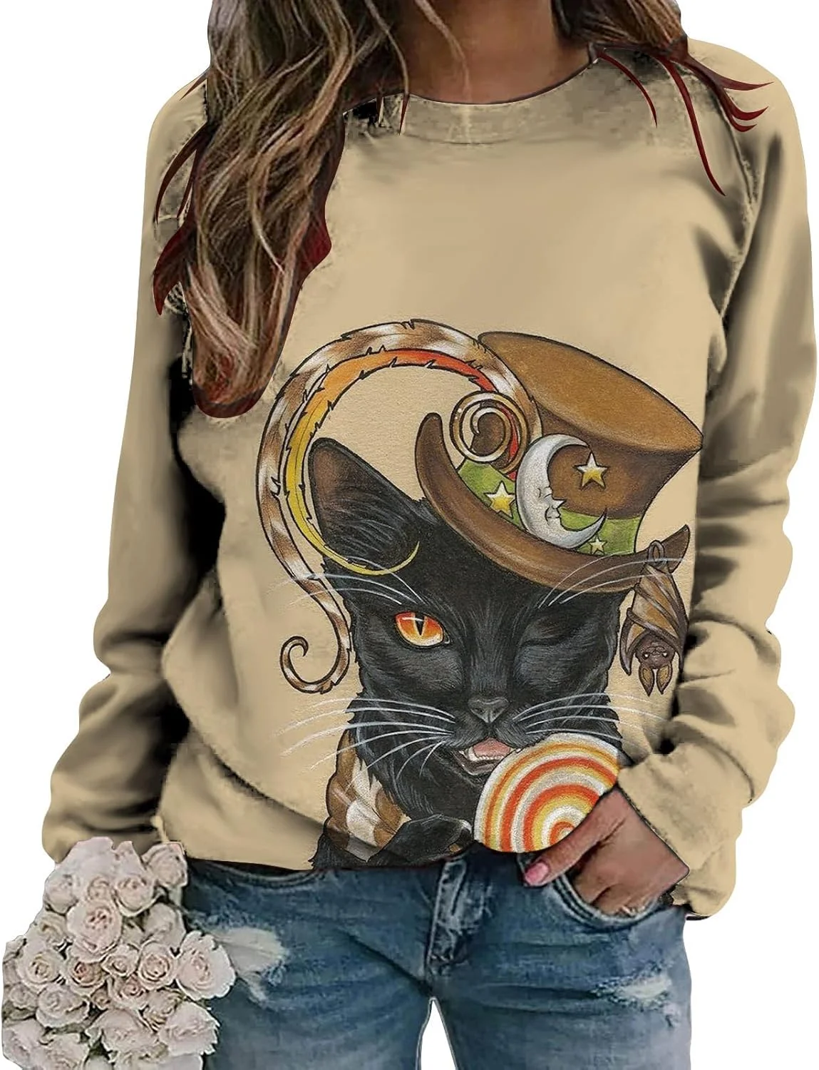 Cheekyglo Women Halloween Graphic Crewneck Sweatshirt Oversized Long Sleeve Fall Winter Top (Medium) ym3cs