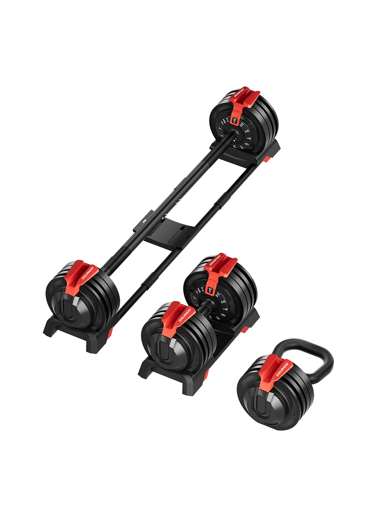 Sparnod Fitness Adjustable 3-in-1 Dumbbell Set (Dumbbell, Barbell, Kettlebell) Premium Steel Home Gym Workout Kit (3-24kg) luof3