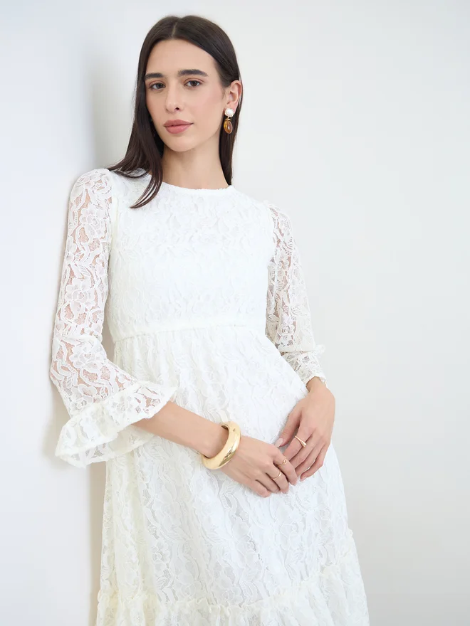 Styli Off White Lace Bell Sleeves A-Line Midi Dress (Elegant Floral Pattern, Women's) jagz4
