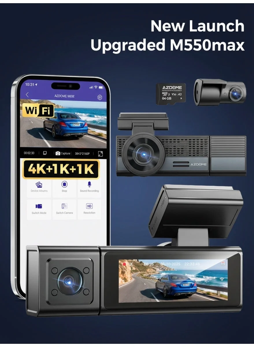 AZDOME M500 Dash Cam 4K Ultra HD Front and Rear Interior Camera System (2.99-inch Screen, WiFi, Night Vision, Parking Monitor) 0boeg