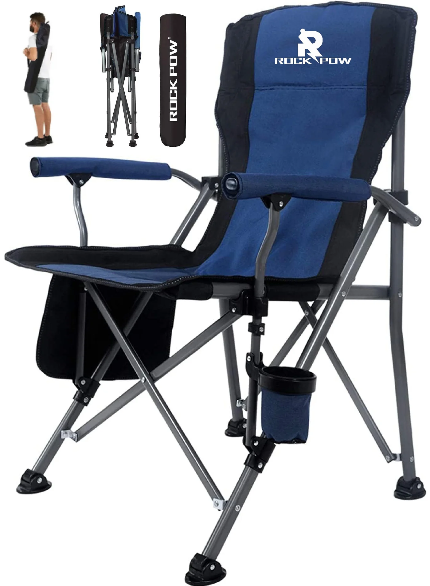 Rock Pow Outdoor Portable Camping Chair Heavy Duty Folding Lawn Chair with Cup Holder and Carrying Bag (145kg Capacity) 5pgby