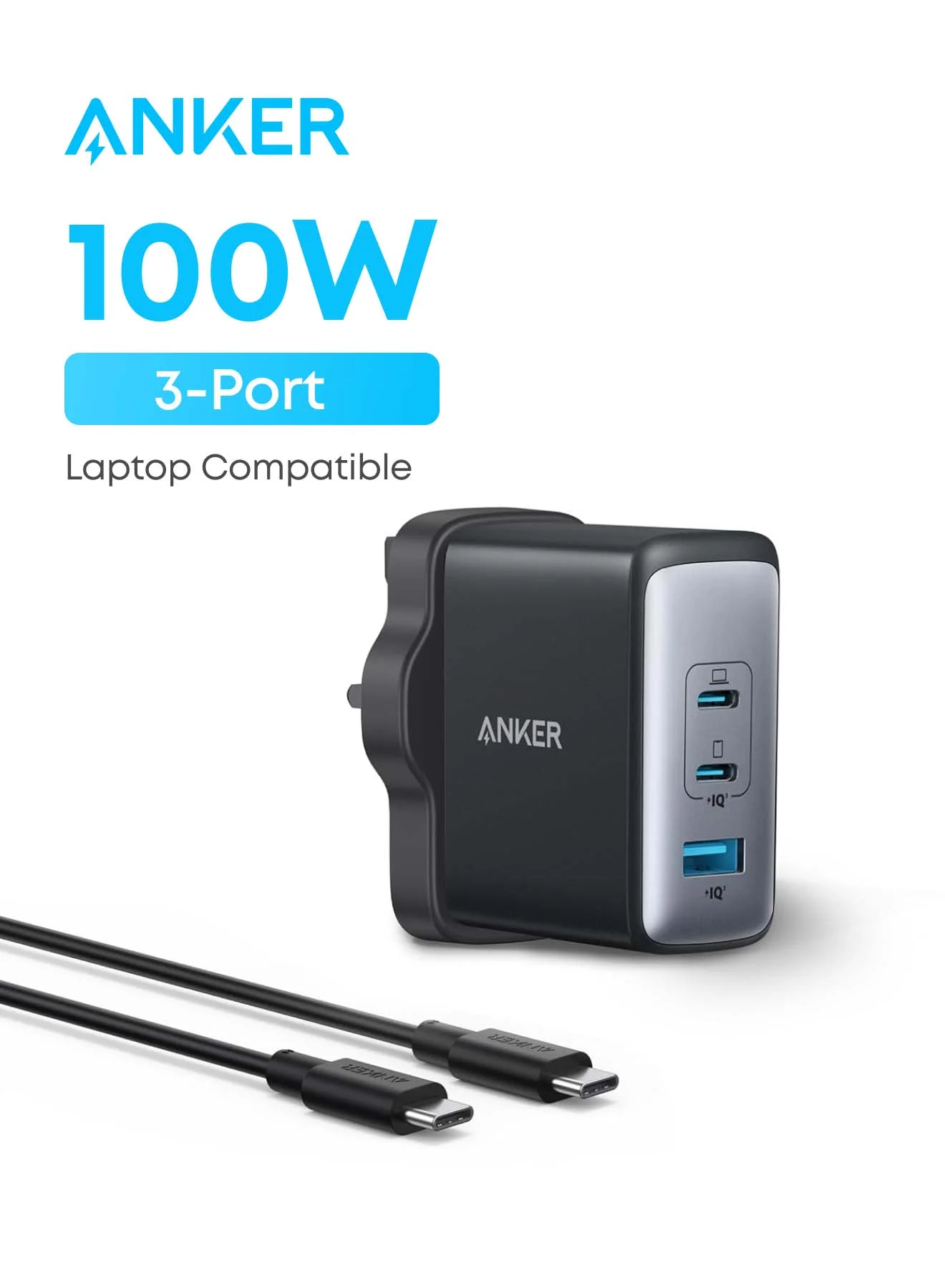 High-Speed 100W USB-C Wall Charger, 3-Port Fast Charging Power Adapter, Compact GaN Tech Travel Plug (Black) dp397